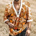 Close-up of men's V-neck lace-up paisley print shirt with intricate bohemian ethnic pattern - XS / Tops / Orange