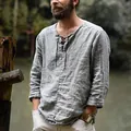Vista de camisa de lino gris para hombre con detalle de cuello de cordón al exterior. - M / Tops / Gris