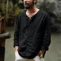Camiseta casual de hombre en algodón y lino negro con unos cordones y manga larga - M / Tops / Negro