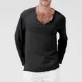 Vooraanzicht van zwart heren-T-shirt met lange mouwen van katoen-linnen in etnische stijl - Zwart