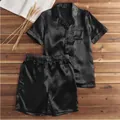 Men's black satin pajama set with short-sleeved shirt and shorts - Black