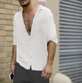 Detailed view of a casual men's white linen cotton long sleeve shirt with a chest pocket - M / Tops / White