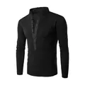 Detailed view of men's slim fit black long sleeve T-shirt with stand collar - Black