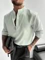 Men's green striped long-sleeved shirt with stand collar in detail, premium fabric texture - M / Tops / Green