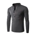 Men's dark grey slim fit long-sleeve T-shirt with stand collar and button placket - M / Tops / Dark Gray