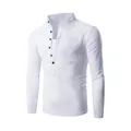 Close-up of a white men's slim fit long sleeve shirt with stand collar and buttons - M / Tops / White