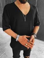 Detail view of men's black V-neck short sleeve knit shirt with silver rings and necklace - 2XL / Top (834 Sweater) / Black