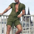 Fashionable olive green short sleeve casual men's one-piece romper with adjustable waist tie - 3XL / Top And Bottom / Green