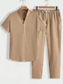 Men's casual 2-piece set with short sleeve top and long pants in textured tan fabric. - M / Top And Bottom / Khaki