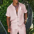 Macro detail view of pink cotton linen short sleeve shirt and matching shorts on male model - S / Top And Bottom / Pink