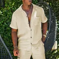 Detail of men's breathable cotton linen short sleeve shirt and shorts set in khaki - S / Tops / Apricot