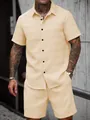 Men's summer jacquard cream shirt and shorts set for beach vacation casual look - M / Top And Bottom / Apricot