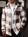 Close-up of men's brown and white checkered fleece jacket showing fuzzy texture - M / Tops / Khaki