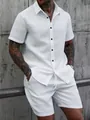 Close-up of men's white jacquard short sleeve shirt and shorts set for summer vacation - M / Top And Bottom / White