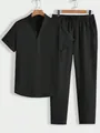 Men's casual 2-piece set with short sleeve henley top and matching elastic waist pants. - M / Top And Bottom / Black