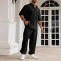 Ανδρικό κομψό μαύρο βαμβακερό λινό σετ με κοντομάνικο πουκάμισο και μακρύ παντελόνι - M / Τοπ Και Παντελόνι / Μαύρο