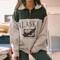 Stylish women's color-block zip-up sweatshirt featuring Alaska eagle graphic print - S / Tops / Green