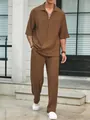 Set casual da uomo con camicia a maniche corte strutturata e pantaloni lunghi marroni - Marrone scuro