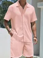 Close-up of pink waffle texture fabric on men's summer short sleeve shirt and shorts set - M / Top And Bottom / Pink