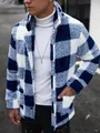 Close-up detail of blue and white checkered fleece jacket for men with plush texture - M / Tops / Blue
