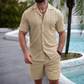 Men's khaki textured knit short-sleeve shirt and shorts set for summer resort vacation - M / Top And Bottom / Khaki