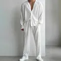 Men's white pleated casual set with long-sleeved button shirt and matching trousers - 3XL / Top And Bottom / White