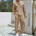 Completo casual da uomo in due pezzi con maglia a nido d'ape a maniche lunghe e pantaloni cachi - Taglia M / Top E Pantaloni / Kaki