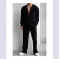 Men's casual black pleated two-piece set featuring long sleeve button shirt and trousers - 3XL / Top And Bottom / Black