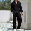 Elegante completo casual nero da uomo con camicia a maniche lunghe e pantaloni lunghi - Taglia M / Top E Pantaloni / Nero
