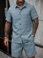 Detail view of light blue textured jacquard short-sleeve shirt and shorts set for men - M / Top And Bottom / Grey Blue