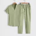 Two-piece men's sage green casual set featuring short sleeve top and long pants - M / Top And Bottom / Grass Green