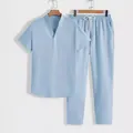 Men's casual two-piece summer set with short sleeve shirt and pants in light blue - Sky Blue
