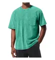 Close-up view of a green washed cotton T-shirt with pocket and drop shoulder - Washed Grass Green
