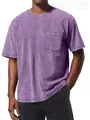 Detailed view of an oversized vintage purple wash T-shirt with a pocket on a male model. - Washed Purple