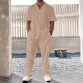 Completo due pezzi uomo color kaki a pieghe con camicia a maniche corte e pantaloni - Taglia M / Top E Pantaloni / Kaki