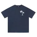 Vintage washed navy blue dropped shoulder T-shirt featuring a white palm tree chest print - S / Tops / Navy Blue