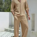 Men's two-piece casual resort wear set with textured short sleeve shirt and long pants in tan. - M / Top And Bottom / Khaki