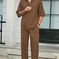 Men's brown casual two-piece set featuring short sleeve zipper shirt and trousers - M / Top And Bottom / Caramel color