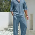 Men's summer blue textured casual two-piece set featuring V-neck shirt and long pants - M / Top And Bottom / Lake Blue