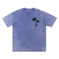 T-shirt violet délavé pour homme avec imprimé palmier discret et épaules tombantes - Bleu saphir