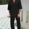 Men's casual black two-piece leisure set featuring short sleeve shirt and long trousers - M / Top And Bottom / Black