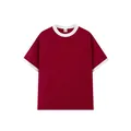 Premium bordeauxrood katoenen T-shirt met witte contrasterende geribbelde kraag en mouwen - Wijnrood Contrast Wit