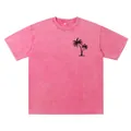 T-shirt vintage rose délavé à épaules tombantes avec petit imprimé palmier poitrine. - Rose rouge