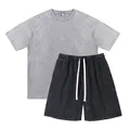 Vintage acid wash oversized T-shirt and shorts set in grey and black pure cotton - 3XL / Top And Bottom / Grey/Black