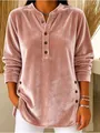 Close-up of pink velvet long sleeve top with button details and soft, luxurious texture - Pink