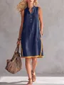 Casual sleeveless V-neck cotton linen dress with contrast trim and button detail - S / Top And Bottom / Navy Blue