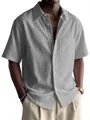 Dettaglio camicia grigia a maniche corte in cotone lino con texture stropicciata e tasca - Taglia S / Top / Grigio