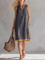 Elegant sleeveless V-neck grey cotton linen midi dress with yellow contrast trim - S / Top And Bottom / Dark Gray