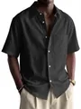 Detalle de camisa negra de manga corta para hombre en algodón y lino con bolsillo frontal - Negro