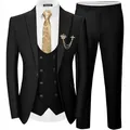 Elegante traje negro de 3 piezas para hombre de corte entallado con corbata y broche - XXS / Top Y Pantalón / Negro